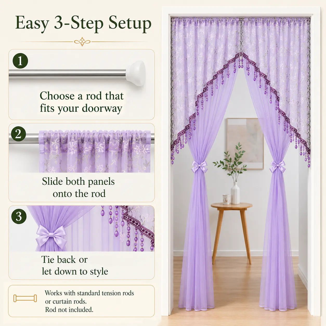 Elegant Sheer Floral Doorway Curtain with Tassel Trim - Stylish Privacy Room Divider for Bedroom, Closet, Kitchen & Apartment