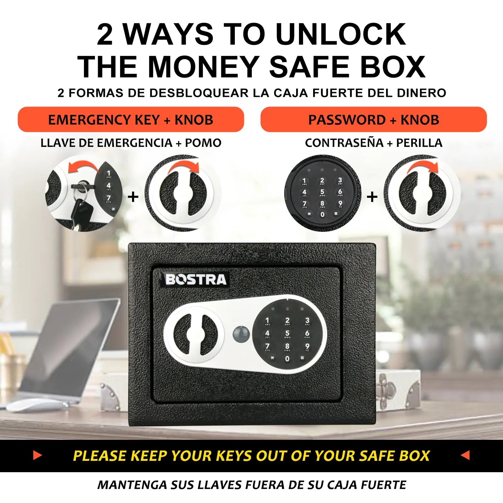 Bostra Mini Money Safe Box for Home with Sensor Light & Fireproof Money Bag - 0.23 Cubic Feet Security Safe Box with Digital Keypad Keys & Pass Code Lock Black for Coin Home Office Hotel Rooms Business Jewelry