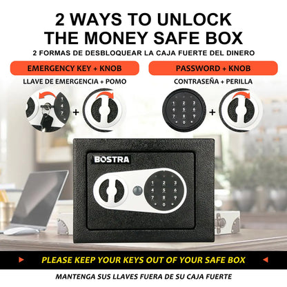 Bostra Mini Money Safe Box for Home with Sensor Light & Fireproof Money Bag - 0.23 Cubic Feet Security Safe Box with Digital Keypad Keys & Pass Code Lock Black for Coin Home Office Hotel Rooms Business Jewelry
