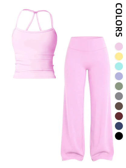 Women'S Sportswear Set, Matching Gym Set, Tank Top and Wide Leg Pants, Solid Color Yoga Straight Leg Pants, Comfortable Fashion Fitness Running