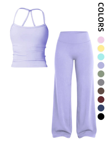 Women'S Sportswear Set, Matching Gym Set, Tank Top and Wide Leg Pants, Solid Color Yoga Straight Leg Pants, Comfortable Fashion Fitness Running