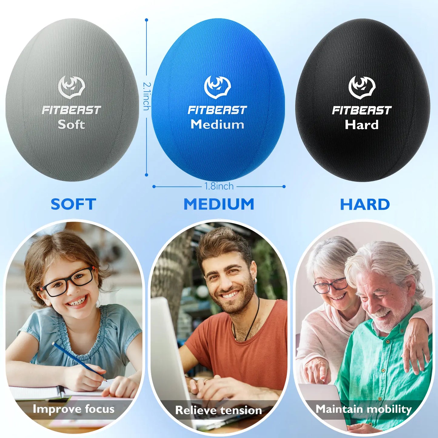 Fitbeast Stress Balls for Adults, Squeeze Balls for Hand Therapy, 6-Pack Hand Therapy Balls, Soft, Medium, Hard Tri-Density Hand Exercise Ball for Arthritis、 Anxiety and Grip Strength