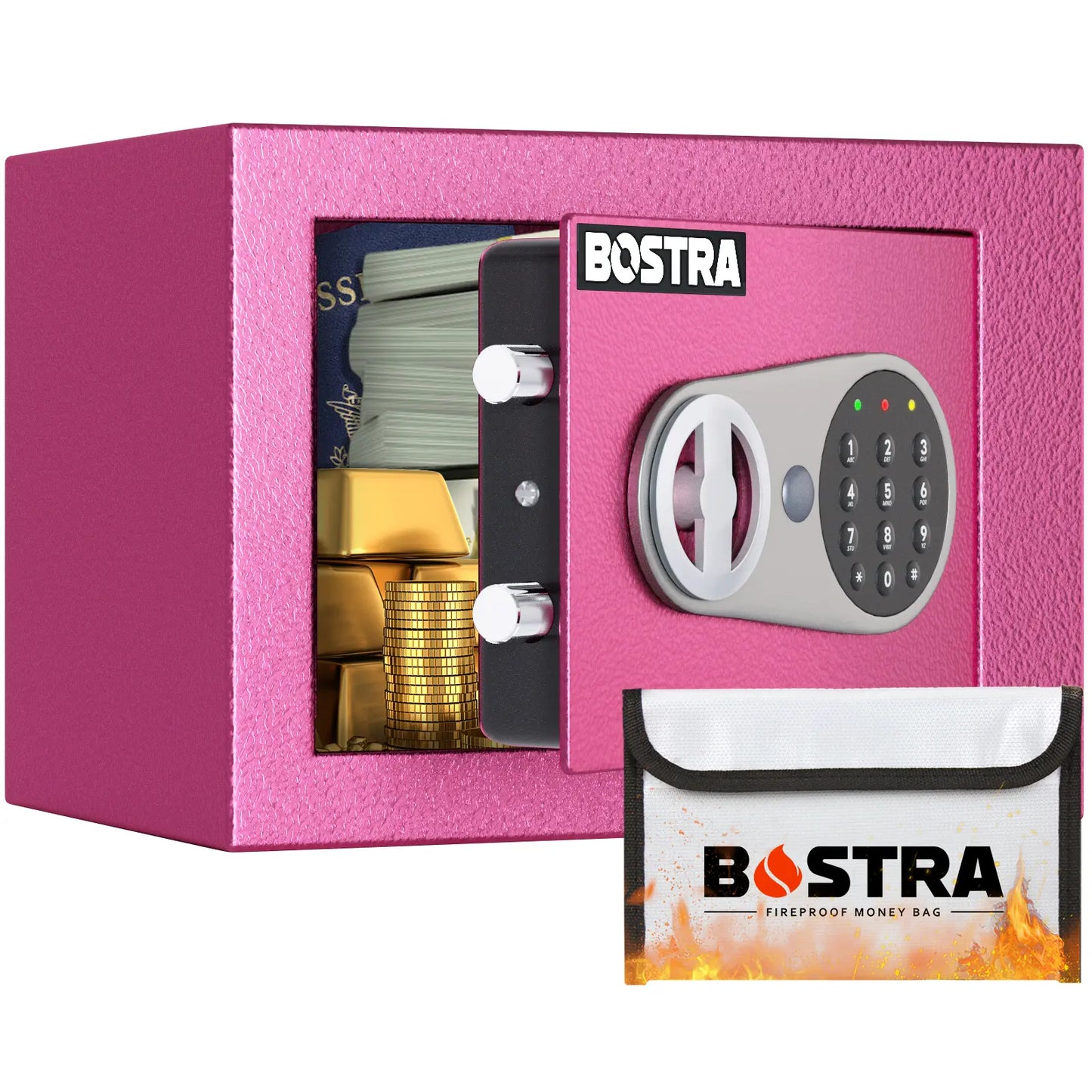 Bostra Mini Money Safe Box for Home with Sensor Light & Fireproof Money Bag - 0.23 Cubic Feet Security Safe Box with Digital Keypad Keys & Pass Code Lock Black for Coin Home Office Hotel Rooms Business Jewelry