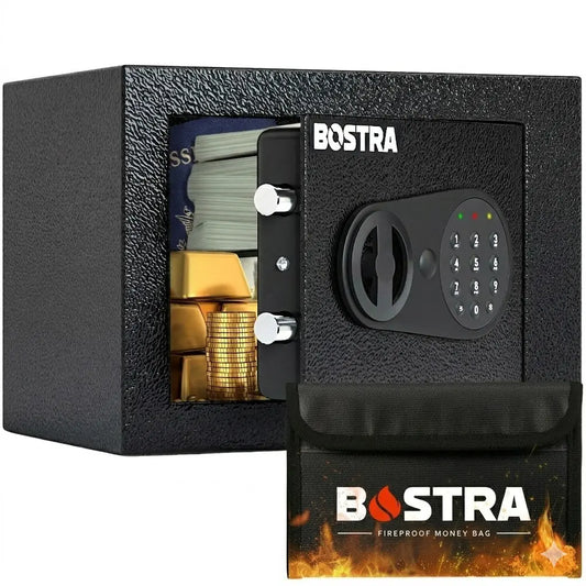 Bostra Mini Money Safe Box for Home with Sensor Light & Fireproof Money Bag - 0.23 Cubic Feet Security Safe Box with Digital Keypad Keys & Pass Code Lock Black for Coin Home Office Hotel Rooms Business Jewelry