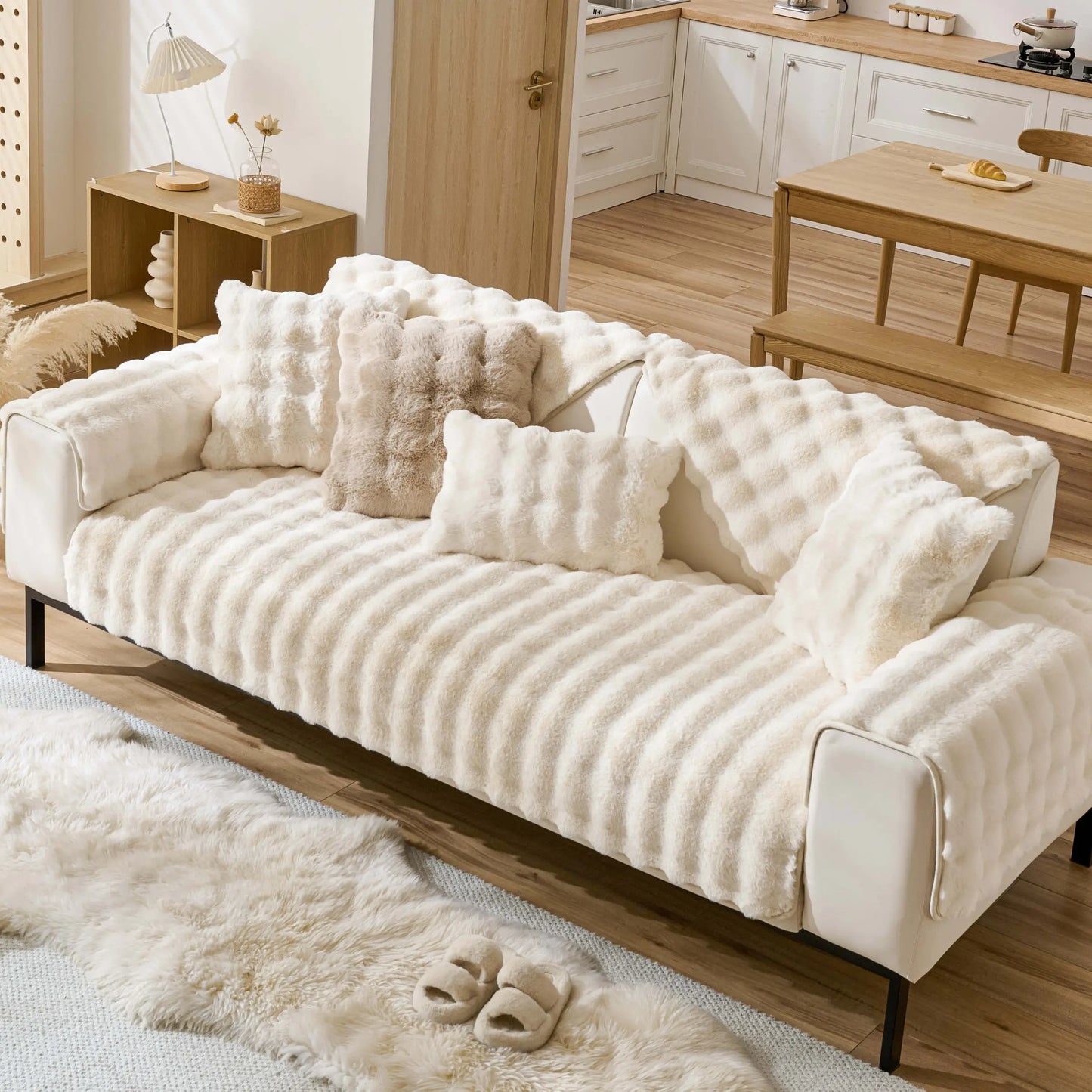 Fluffy Non-Slip Washable Plush Sofa Cushion Cover - Pet-Friendly Couch Protector Pad for Armchair, Loveseat, and 3-Seater - Stylish Living Room Decor