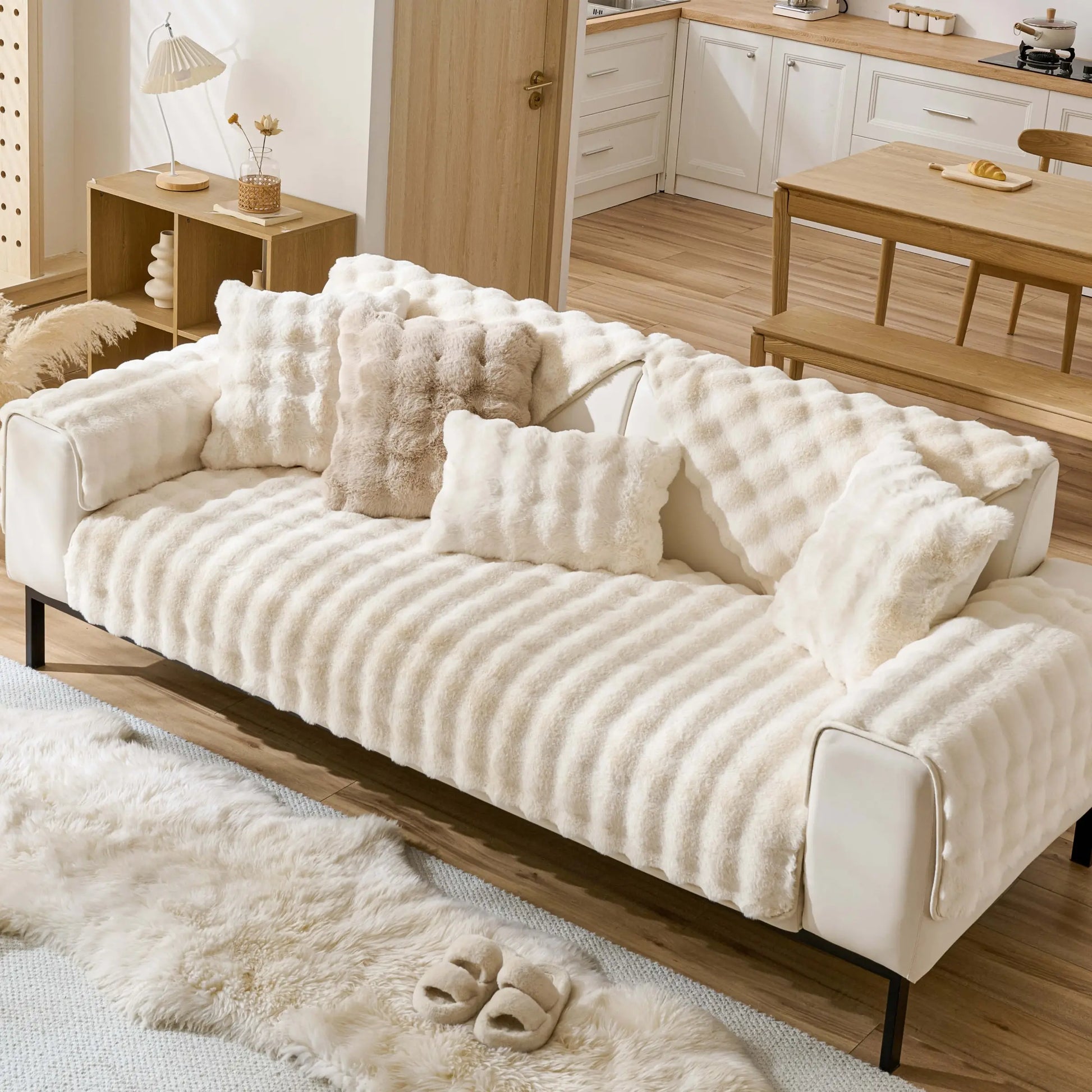 Fluffy Non-Slip Washable Plush Sofa Cushion Cover - Pet-Friendly Couch Protector Pad for Armchair, Loveseat, and 3-Seater - Stylish Living Room Decor