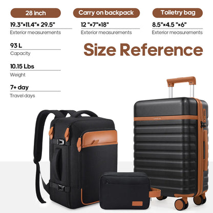UKEIN Luggage Sets 3 Piece, Carry on Luggage 20In with Spinner Wheels,Pc Hardside Suitcase Set with TSA Lock,Durable Carry on Suitcase with Travel Backpack for Men (Black, 3 Piece Set (20Inch)),Back to School Shopping